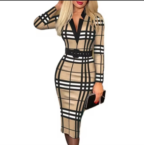 Vintage Print Pencil Dresses NWOT Long Sleeve V Neck Knee Length Large No Belt - Picture 2 of 8